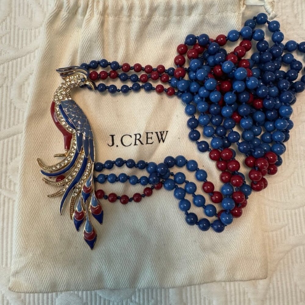 NWOT J Crew Triple Strand Necklace Red Blue Beads Peacock Enamel Pendant 34"